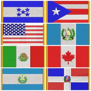 May include: A collection of embroidered flag patches, including the flags of Honduras, Puerto Rico, the United States, Guatemala, Mexico, Canada, El Salvador, and the Dominican Republic. Each patch features detailed stitching and vibrant colors.