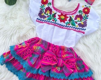 Handmade Embroidered Mexican Baby Dress, Fiesta Outfit with Bloomers