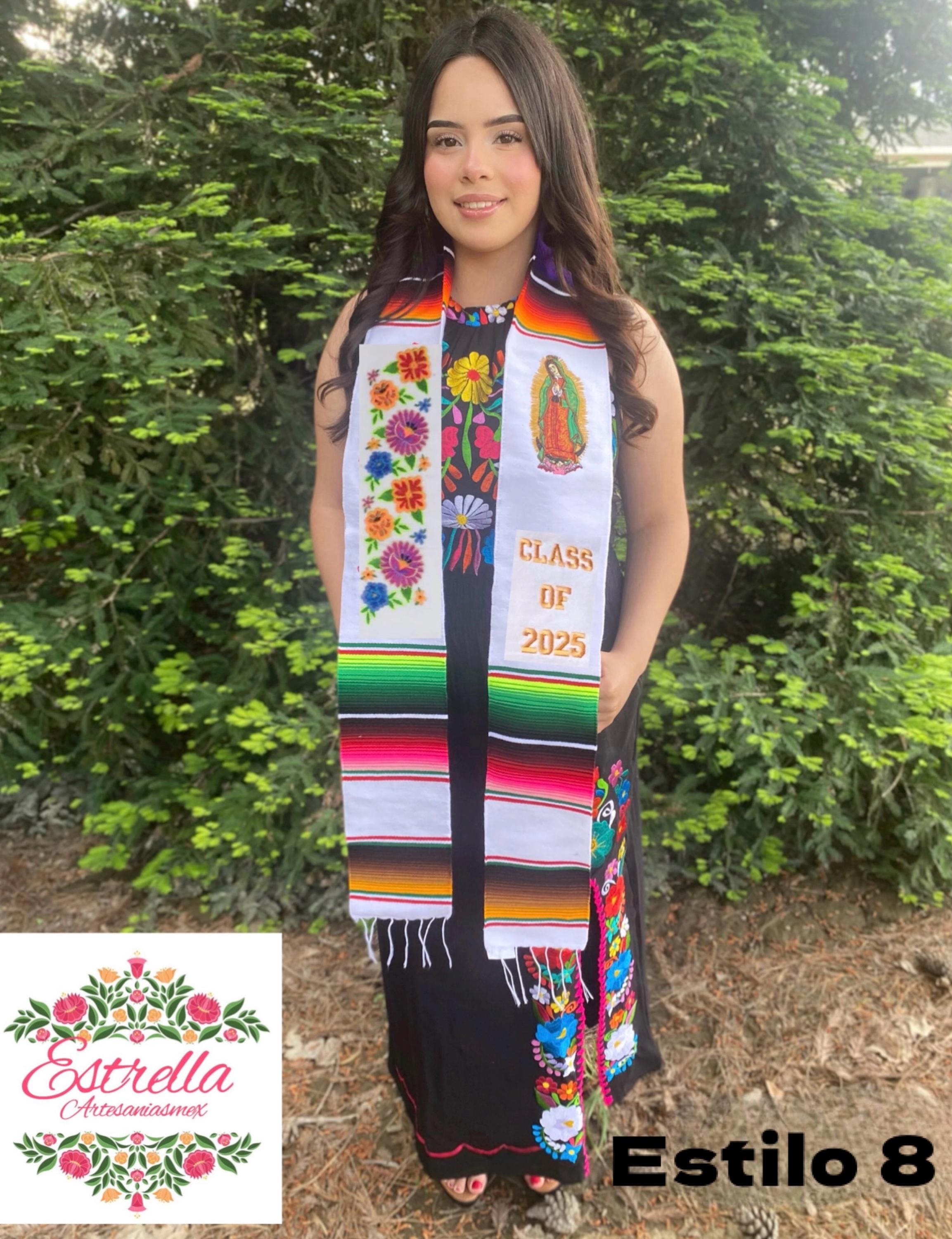 Mexikanische Abschlussstola mit Serape, bestickt mit Blumen. Abschlussstola. Mexikanische Abschlussstola. Abschlussjahrgang 2025. Personalisierte Stola.
