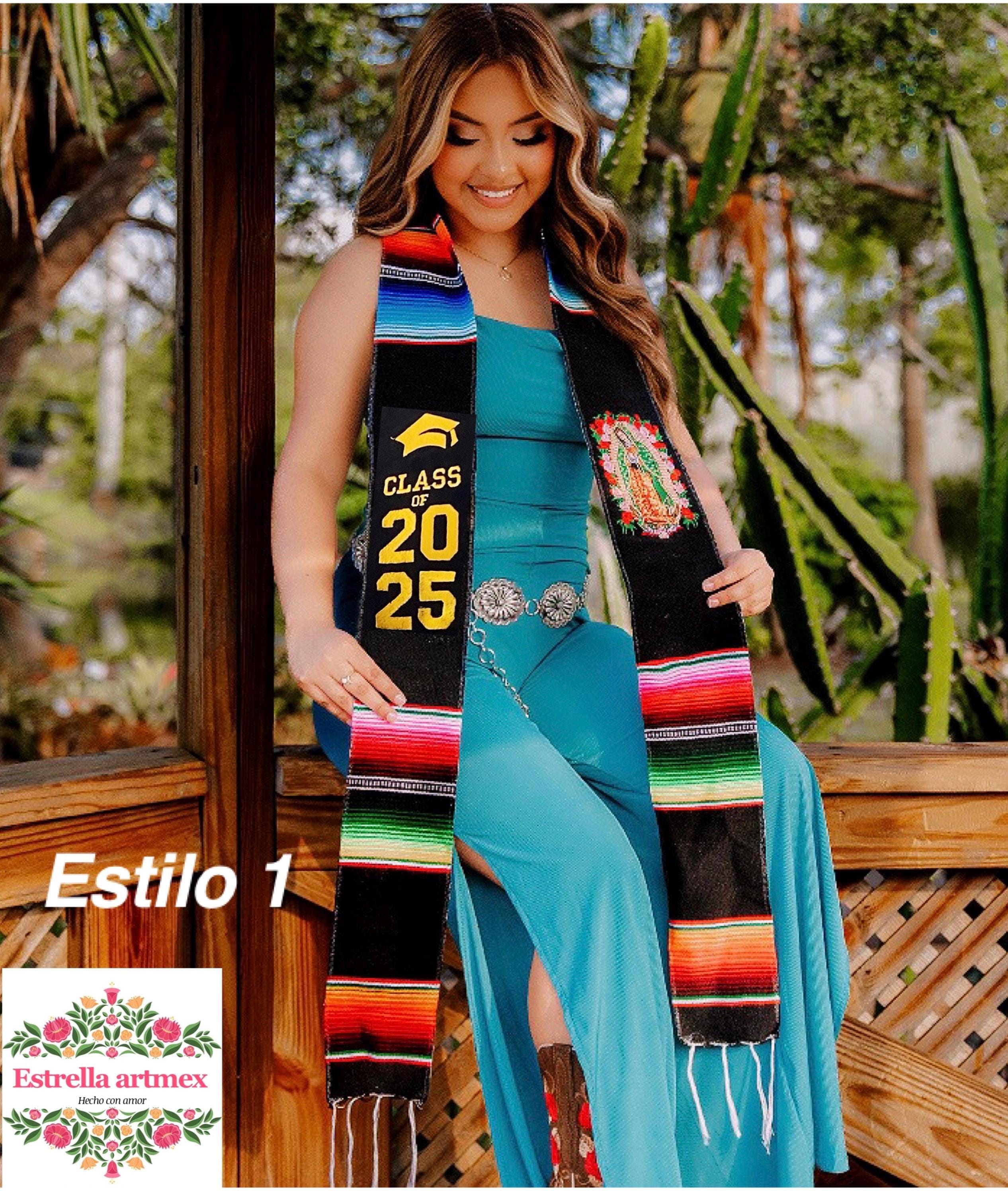 Mexikanische Abschlussstola mit Serape, bestickt mit Blumen. Abschlussstola. Mexikanische Abschlussstola. Abschlussjahrgang 2025. Personalisierte Stola.