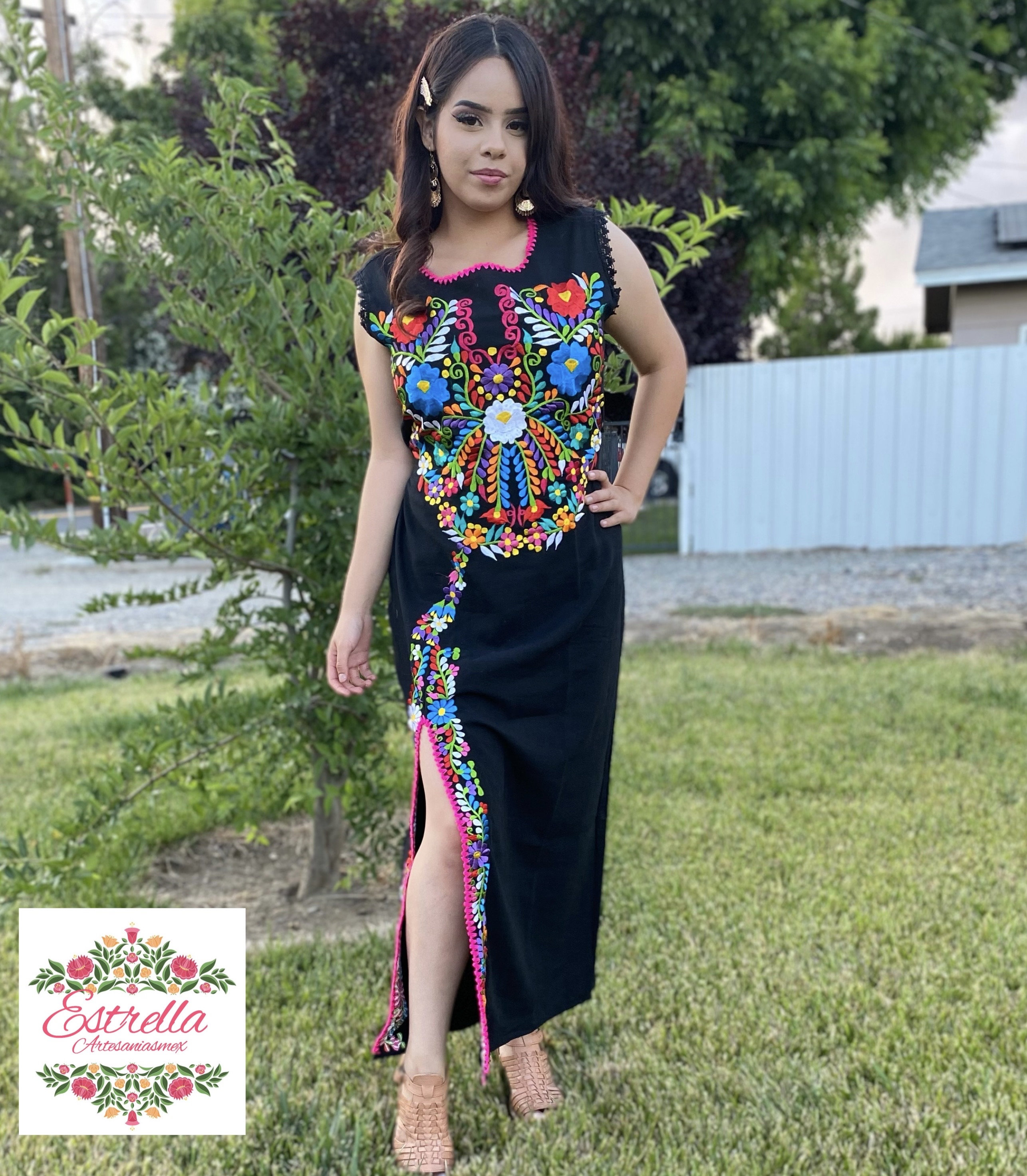  Vestido bordado mexicano de México, vestidos mexicanos  tradicionales bordados, tipico artesanal, auténtico, Azulr77310 : Ropa,  Zapatos y Joyería