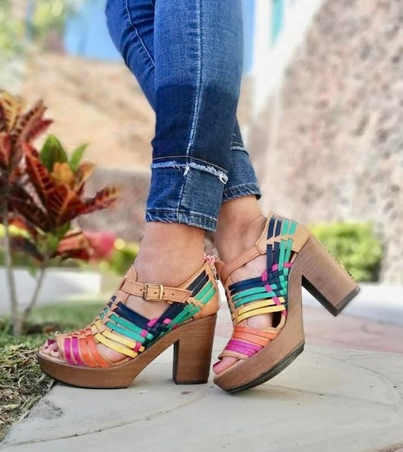 Handmade Leather Huarache Wedges, Ankle Strap Mexican Heels