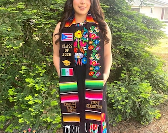 Estola de graduación mexicana personalizada con bordado floral/CANTIDAD LIMITADA.We embroider any flag