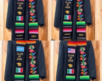 Estola de graduación mexicana personalizada con bordado floral/CANTIDAD LIMITADA.We embroider any flag