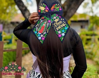 Lazo de pelo bordado, Lazo de coqueta class of 2026,Lazo Mexicanos , Moños bordados,moño virgen de Guadalupe, bow class of 2026 virgencita