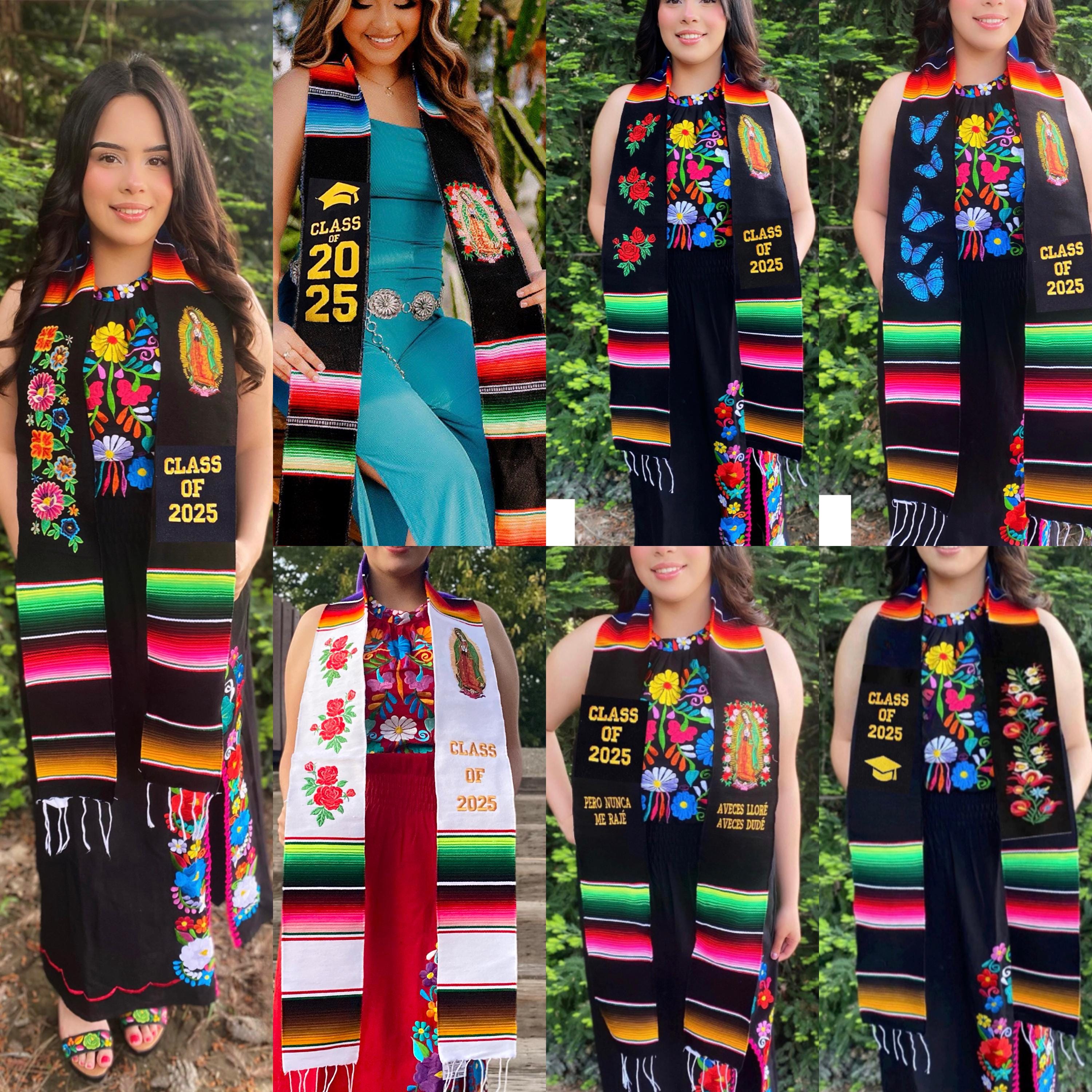 Mexikanische Abschlussstola mit Serape, bestickt mit Blumen. Abschlussstola. Mexikanische Abschlussstola. Abschlussjahrgang 2025. Personalisierte Stola.