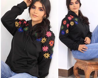 Embroidered Floral Hoodie, Mexican Zip-Up Sweatshirt