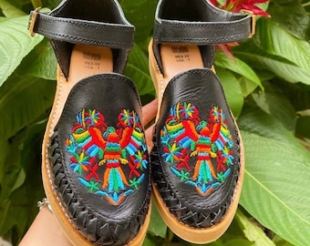 Leather Huarache Sandals, Black Embroidered Otomi, Bohemian Floral