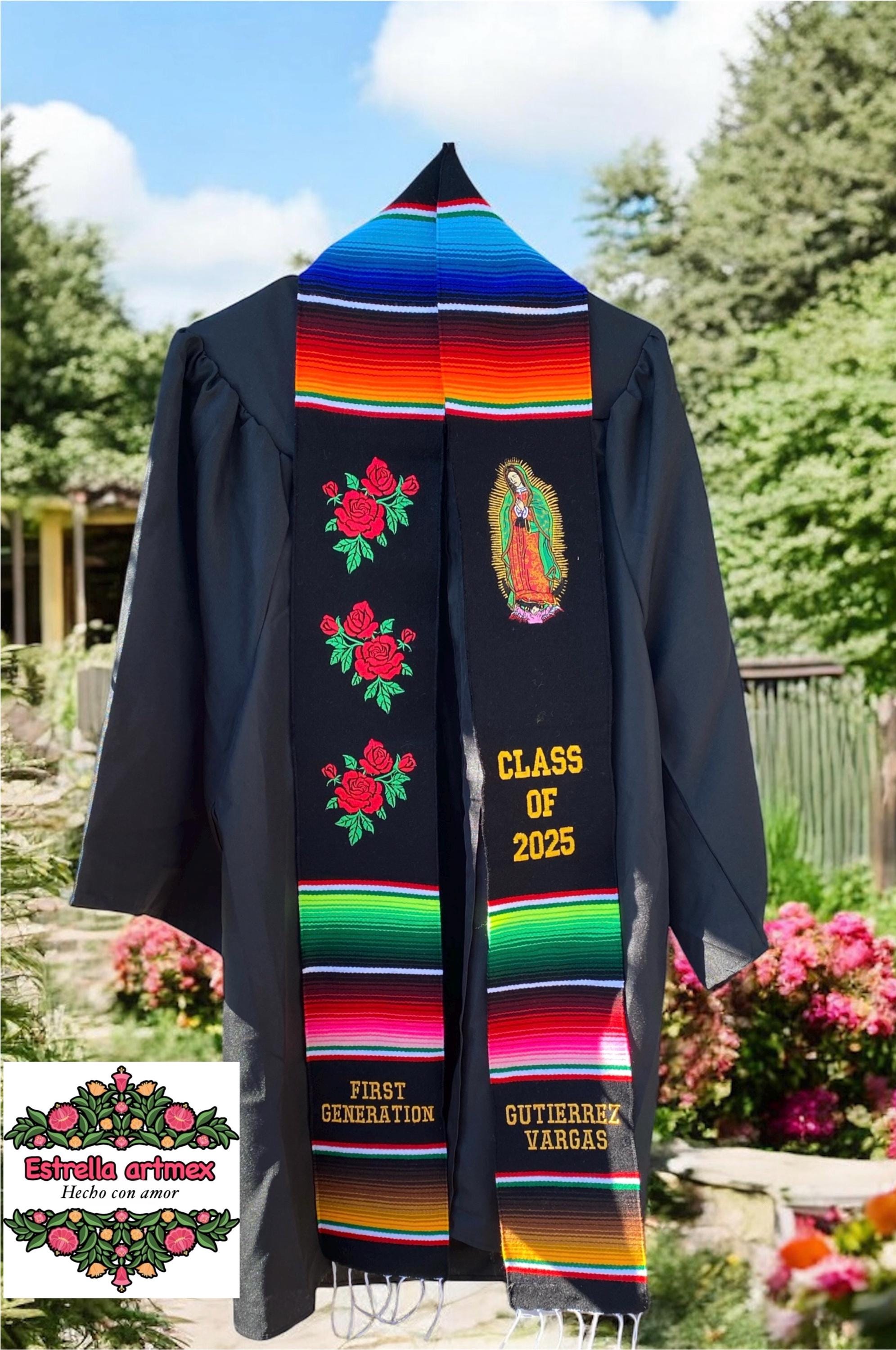 Mexikanische Abschlussstola mit Serape, bestickt mit Blumen. Abschlussstola. Mexikanische Abschlussstola. Abschlussjahrgang 2025. Personalisierte Stola.