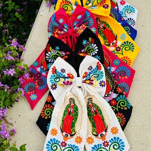 VIRGENCITA EMBROIDERED hair bows LARGE,Embroidered bows, handmade, handmade Mexican bows, bows for girls, embroidered hair bow,