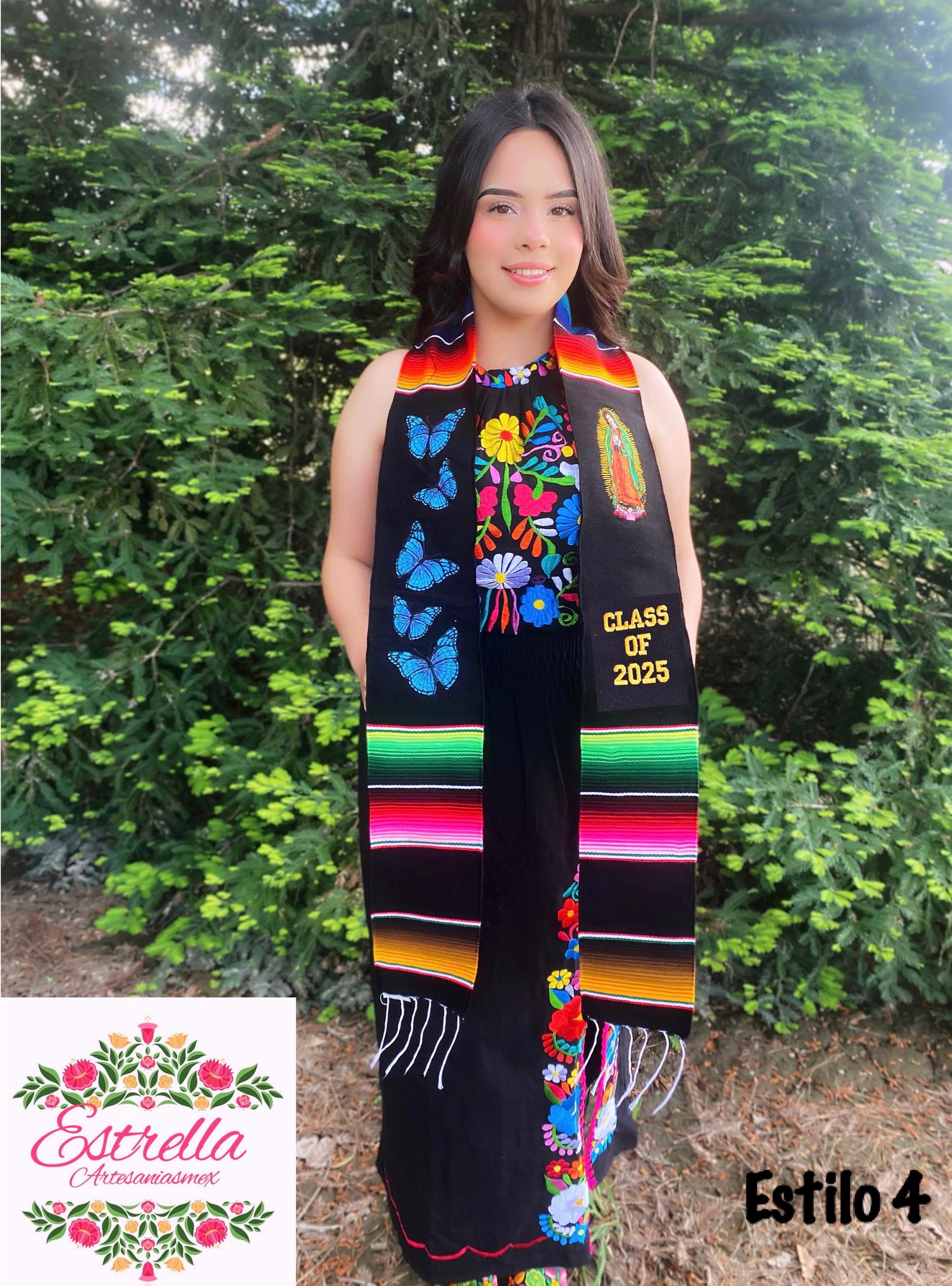 Mexikanische Abschlussstola mit Serape, bestickt mit Blumen. Abschlussstola. Mexikanische Abschlussstola. Abschlussjahrgang 2025. Personalisierte Stola.