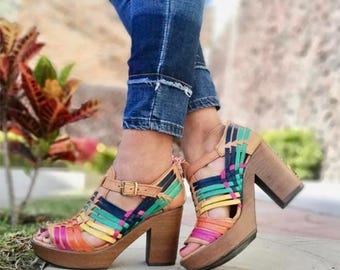 Ankle strap heels, Mexican huarache wedges, Mexican heels, Mexican wedges, Leather heels, Mexican huarache wedges, Mexican wedge sandals,