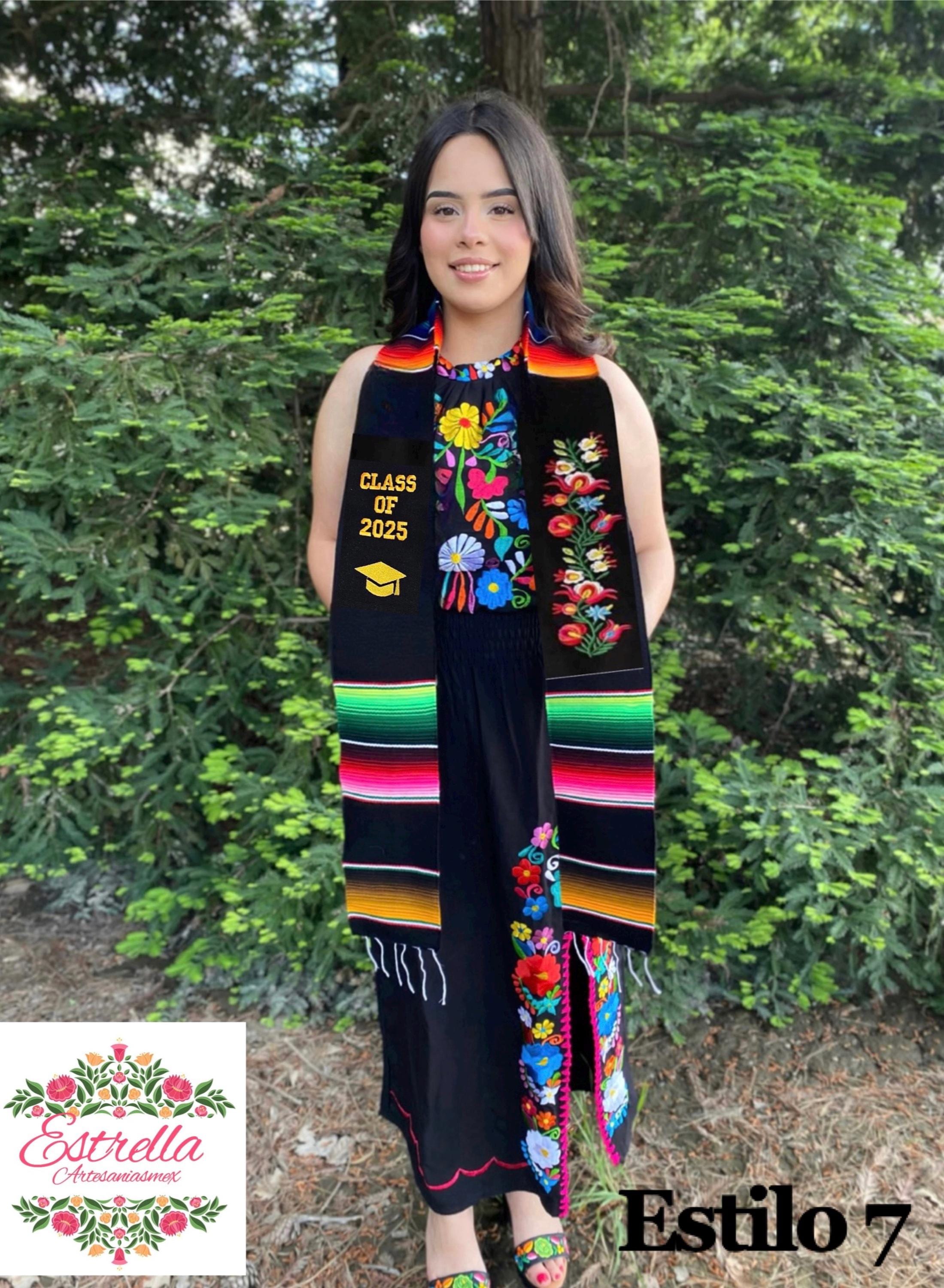 Mexikanische Abschlussstola mit Serape, bestickt mit Blumen. Abschlussstola. Mexikanische Abschlussstola. Abschlussjahrgang 2025. Personalisierte Stola.