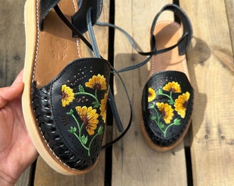 Handmade Floral Embroidered Huarache Sandals, Mexican Leather Shoes