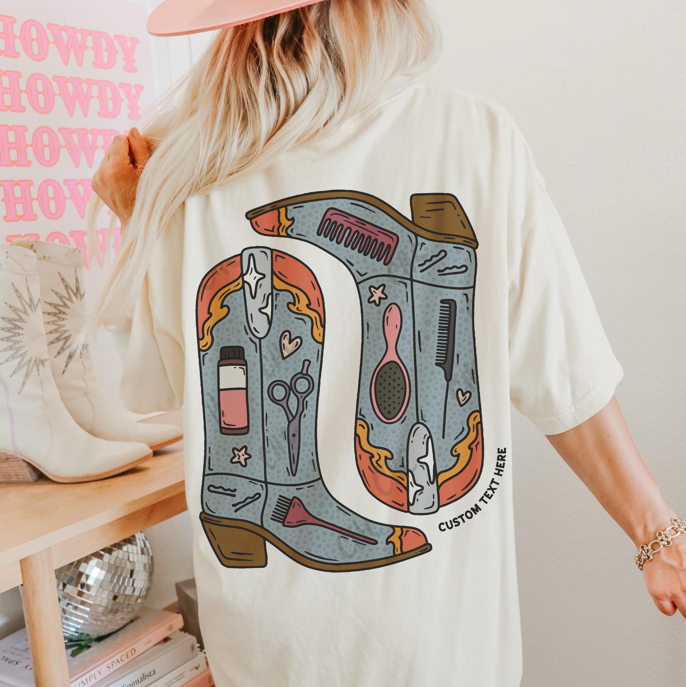 Custom Hairstylist COMFORT COLORS® Tee - Western Cowgirl Boot Cosmetology T-Shirt, Hairdresser Merch Branding, Redken Hairstylist Gift
