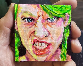 Green-Haired Girl Will Mess You UP! Hand-painted canvas fridge + locker magnet one of a kind fine art gift