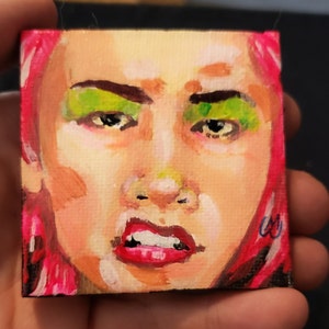 ANGRY GIRL Hand-painted canvas fridge + locker magnet one of a kind fine art gift