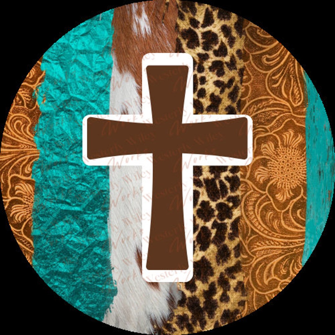 Freshie Rounds Cardstock Rounds Stickers PNG Leather Leopard Cowprint Tooled Turquoise Cross