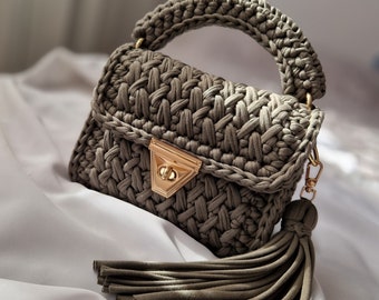 Unique woven handbag, handbag with long strap, sage, green, khaki, unique handbag model, luxury bag