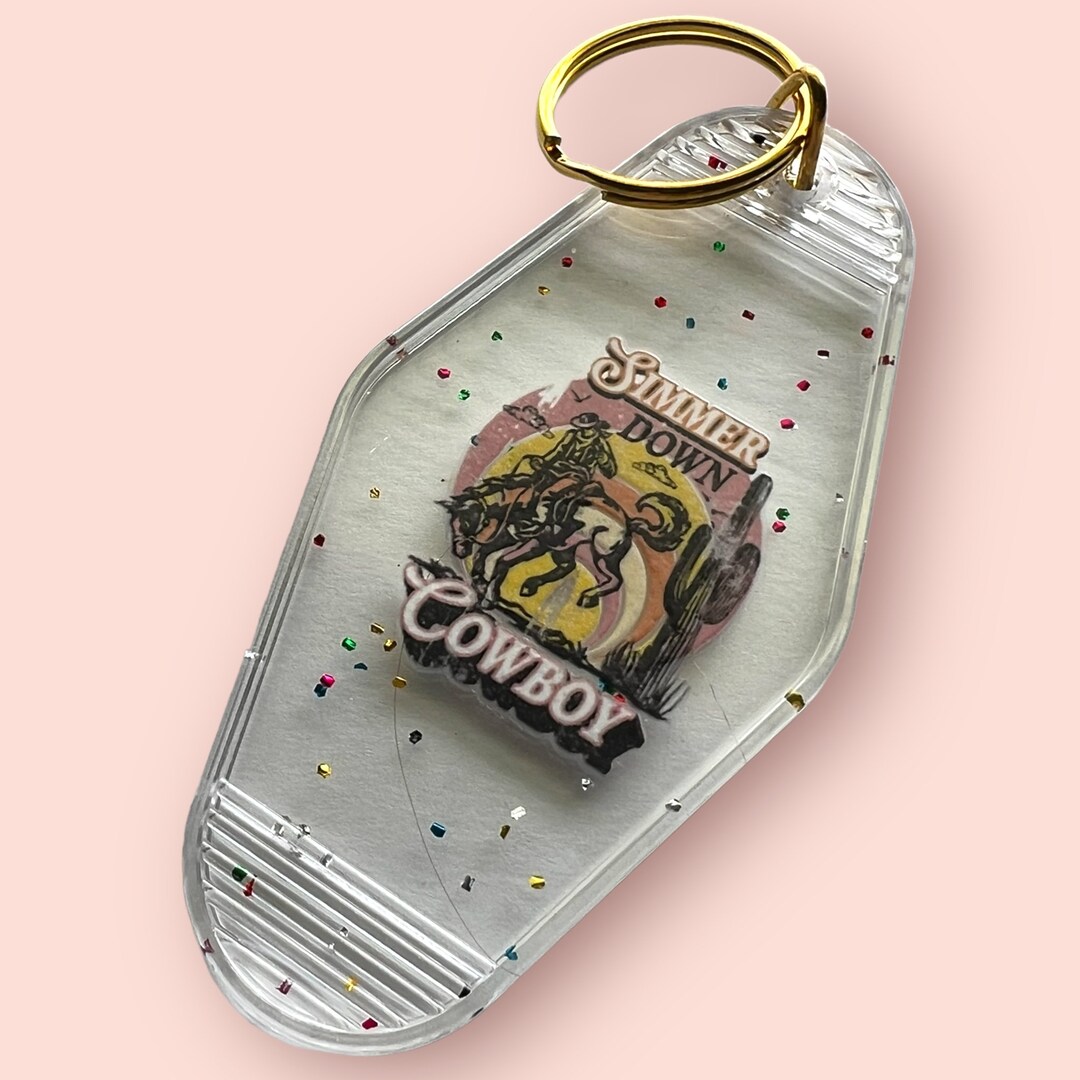 Retro Western Cowboy Motel Keychain With Glitter Accents - Etsy
