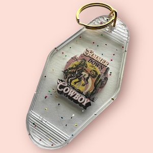 Vintage-Inspired Simmer Down Cowboy Keychain with Glitter Accents Retro Western Motel Key Tag&quot;Hotel keychain, Cowboy keychain, boho keychain