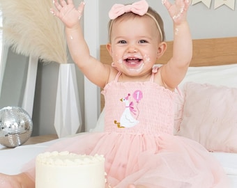 One Silly Goose First Birthday Dress, Embroidered 1st Birthday Outfit Girl, Smash Cake Romper