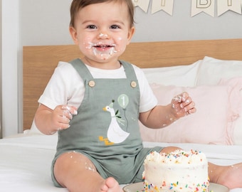 One Silly Goose First Birthday Outfit, 1st Birthday Boy Linen Romper Set, Personalized Cake Smash Outfit