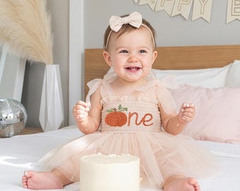 Pumpkin First Birthday Dress, 1st Birthday Outfit, Embroidered One Romper, Personalized Baby Girl Tutu Dress, Fall Smash Cake Outfit