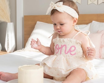First Birthday Dress, Hand-Embroidered Baby Name outfit, Personalized Baby Girl Tutu Dress, Smash Cake Outfit for Girl, 1st Birthday Romper