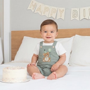 Beary First Birthday Boy Outfit, Cake Smash Romper, Baby Linen Overall Set image 1