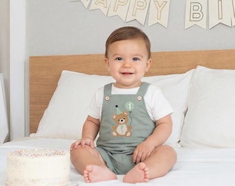 Beary First Birthday Boy Outfit, Cake Smash Romper, Baby Linen Overall Set