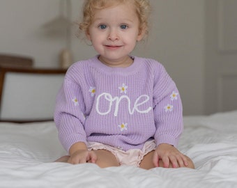 First Birthday Outfit Girl Hand Embroidered Sweater, 1st Birthday Sweater, Custom Baby Name Sweater, Personalized Baby Girl Birthday Outfit