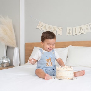 May include: A light blue overall short set with a white t-shirt underneath. The overalls feature an embroidered brown teddy bear holding a blue balloon with the number one printed on it. The outfit has wooden buttons at the shoulder straps.