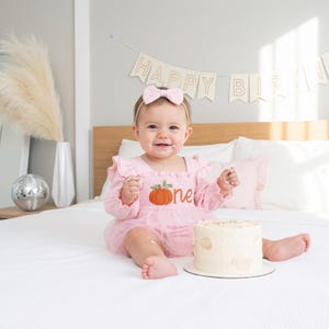 Robe citrouille pour le premier anniversaire, tenue pour le 1er anniversaire, barboteuse brodée « One », robe tutu personnalisée pour bébé fille, tenue pour une séance photo d'automne avec gâteau d'anniversaire image 6