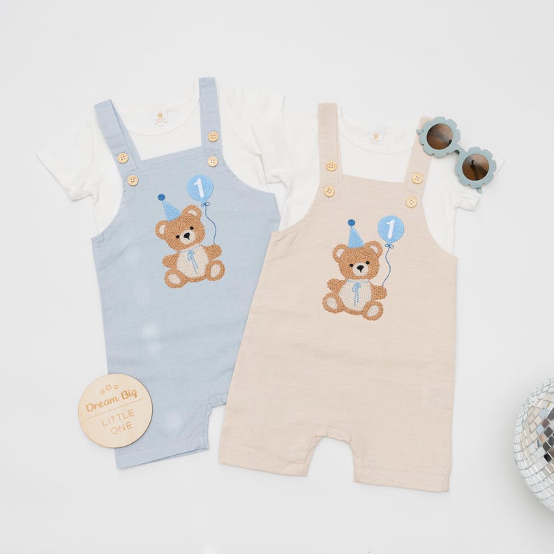 Beary First Birthday Boy Outfit, Cake Smash Romper, Baby Linen Overall Set image 10