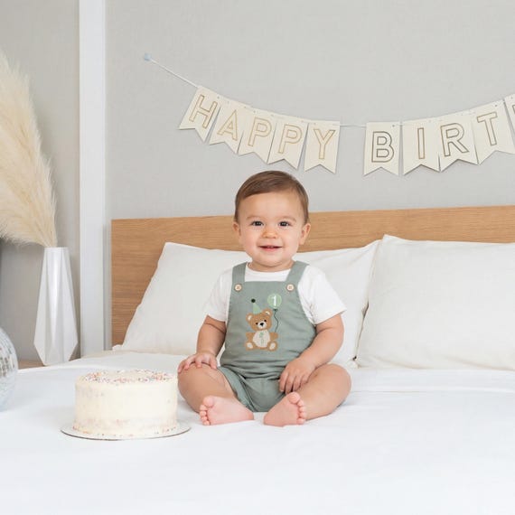 Beary First Birthday Boy Outfit, Cake Smash Romper, Baby Linen Overall Set