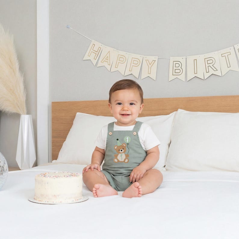 Beary First Birthday Boy Outfit, Cake Smash Romper, Baby Linen Overall Set image 1