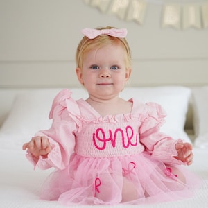 First Birthday Dress, 1st Birthday Outfit, Hand-Embroidered One Romper, Personalized Baby Tutu Dress with Bows, Smash Cake Outfit for Girl