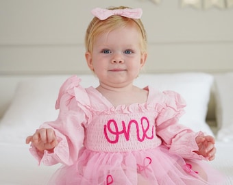 Jurk eerste verjaardag, outfit 1e verjaardag, met de hand geborduurde romper, gepersonaliseerde babytutu-jurk met strikken, outfit smashcake voor meisje
