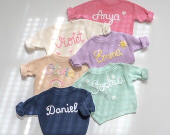 Baby Name Sweater, First Birthday outfit Boy, 1st Birthday Outfit Girl, Hand Embroidered Kids Sweater, Toddler Sweater Personalized Name