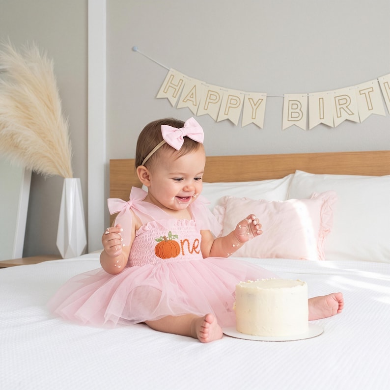 Robe citrouille pour le premier anniversaire, tenue pour le 1er anniversaire, barboteuse brodée « One », robe tutu personnalisée pour bébé fille, tenue pour une séance photo d'automne avec gâteau d'anniversaire image 2