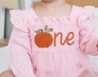 Pumpkin First Birthday Dress, 1st Birthday Outfit, Embroidered One Romper, Fall Smash Cake