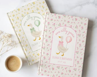 Libro de visitas para el primer cumpleaños de One Silly Goose, libro personalizado, diario de recuerdos para el primer cumpleaños, cuaderno de deseos de cumpleaños, libro de recuerdos para bebés