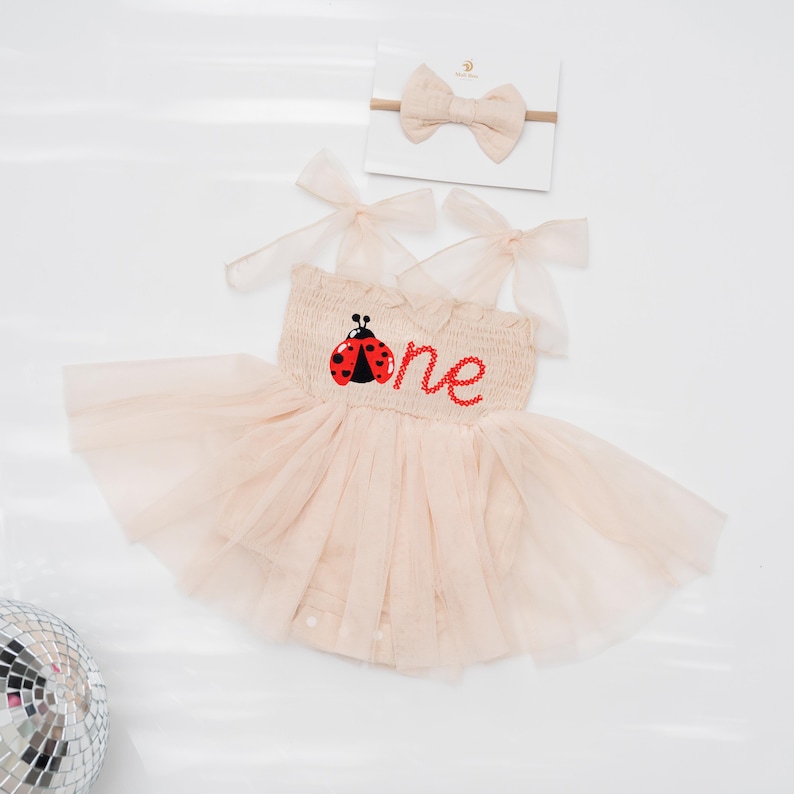 May include: A light pink baby girl's outfit with a ladybug design and the word "one" in red. The outfit includes a tutu dress and a matching headband with a bow. The dress has a tulle skirt and bow straps.
