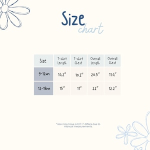 May include: A size chart for children's clothing featuring a table with columns for T-shirt length, T-shirt chest, overall length, and overall chest in inches for sizes 9-12m and 12-18m. The text includes a disclaimer about potential 0.3-1 inch variations.