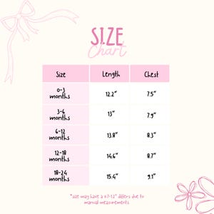 May include: A pink size chart for baby clothes, with measurements in inches. The chart includes sizes from 0-3 months to 18-24 months, with length and chest measurements. The text "SIZE Chart" is at the top.