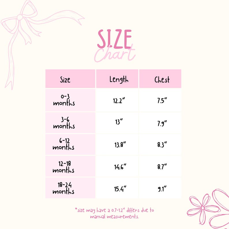 May include: A pink size chart for baby clothes, with measurements in inches. The chart includes sizes from 0-3 months to 18-24 months, with length and chest measurements. The text "SIZE Chart" is at the top.