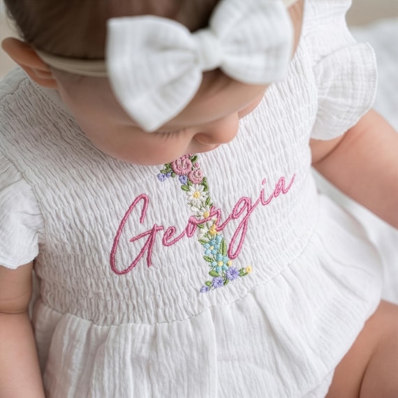 Custom Embroidered First Birthday Girl Romper, Floral 1st Bday Outfit, Cake Smash