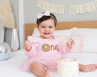 One Cutie Pie First Birthday Dress with Headband Bow, 1st Birthday Outfit, Embroidered Cake Smash Romper