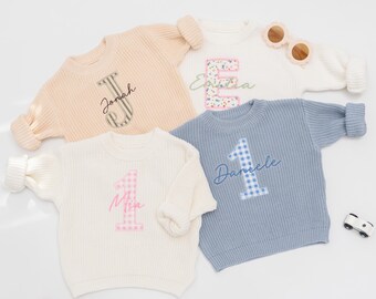 Personalized First Birthday Sweater with number 1 and Name - Embroidered 100% cotton